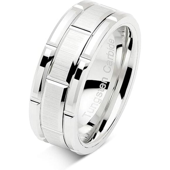 Wedding Band White Gold Brick Pattern Rhodium Plated Size 6-16 Tungsten Ring